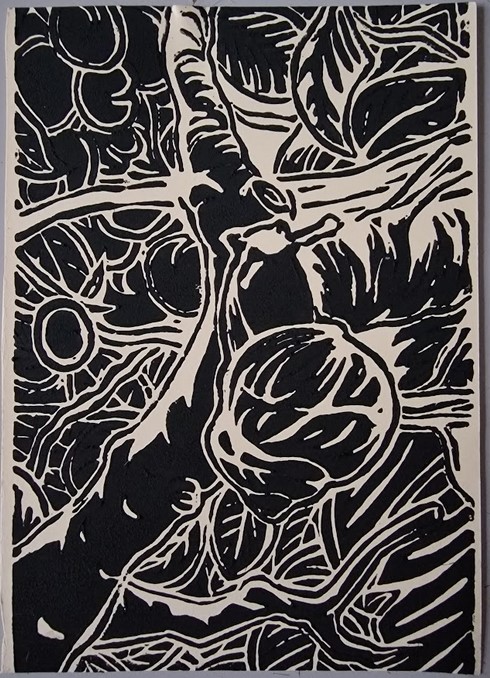 a black lino print of a snail in a plum tree, printed on white card