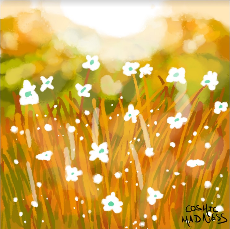 digital art of a field of white flowers with the sun beaming down behind the trees in the background. end ID.